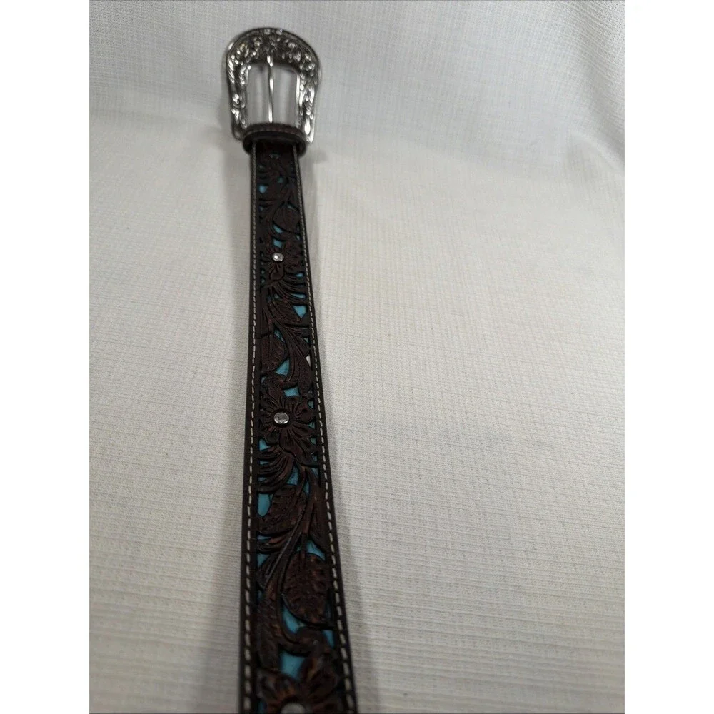 Ariat Womens Turquoise Inlay Floral Tooled Leather Belt Studded Western Buckle